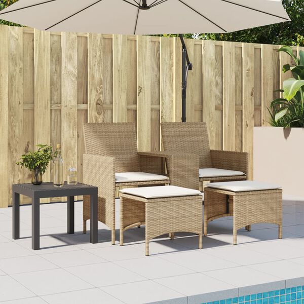 vidaXL Patio Sofa 2-Seater with Table and Stools Beige Poly Rattan