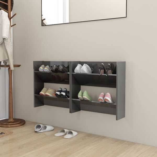 vidaXL Wall Shoe Cabinet Set of 2 High gloss grey Engineered wood