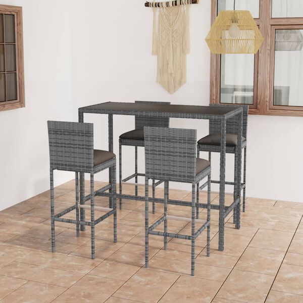vidaXL Garden Bar Set Grey PE Rattan, Powder-Coated Steel, Tempered Glass