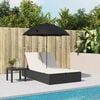 vidaXL Double Sun Lounger with Cushions&Parasol Black Poly Rattan