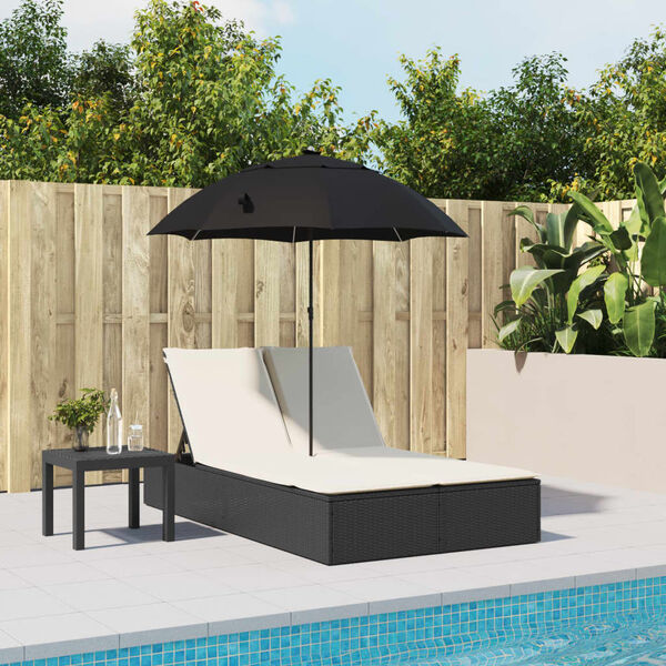 vidaXL Double Sun Lounger with Cushions&Parasol Black Poly Rattan