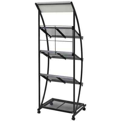 A tall black metal display stand with five slanted mesh shelves and caster wheels.