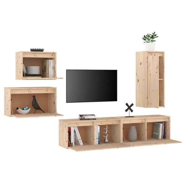 vidaXL TV Cabinet Set of 5 Brown Solid Pine Wood TV Cabinet