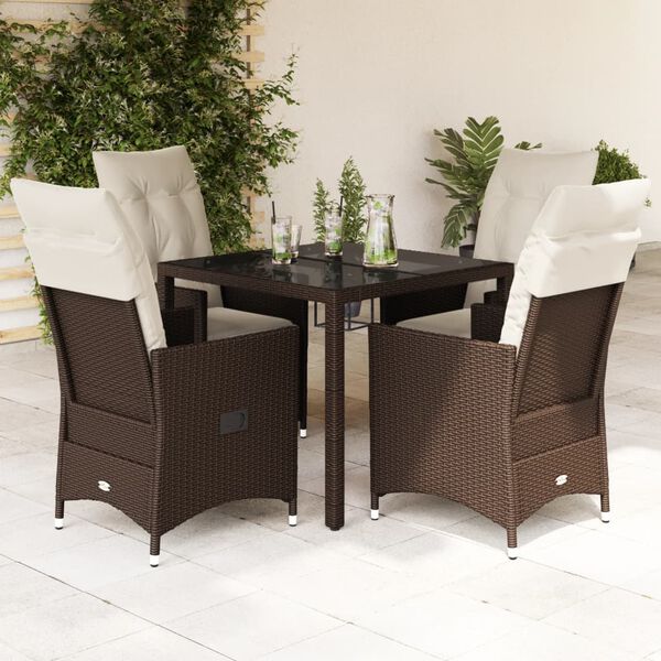 vidaXL 5 Piece Patio Dining Set with Cushions Brown Poly Rattan