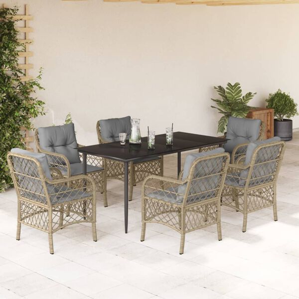 vidaXL 7 Piece Patio Dining Set with Cushions Mix Beige Poly Rattan