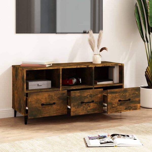 vidaXL TV Cabinet Smoked Oak Engineered Wood, Iron 40.2 x 13.8 x 19.7 in