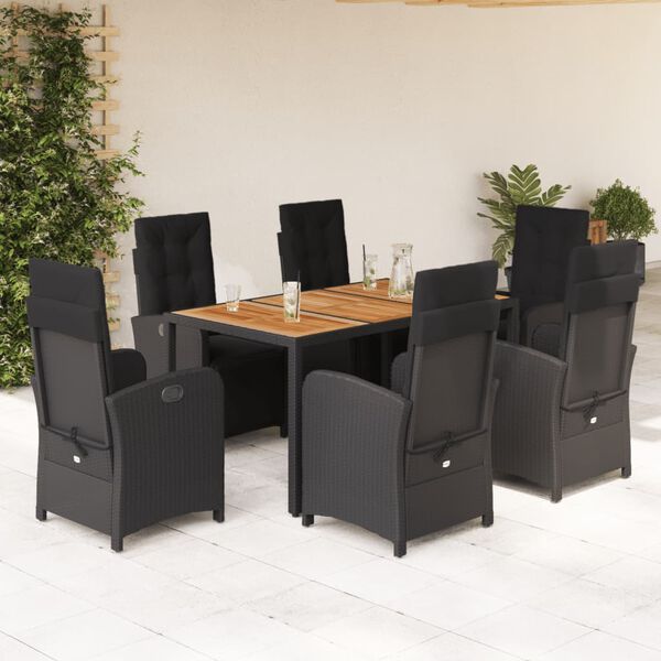 vidaXL 7 Piece Patio Dining Set with Cushions Black Poly Rattan