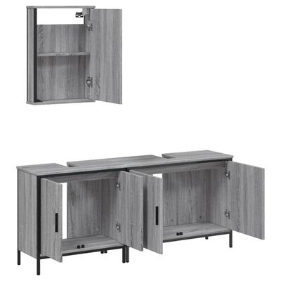 Upper wall cabinet and a double-sink vanity with cabinet doors open showing interior shelves.