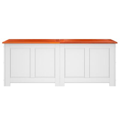 Two white storage benches with orange tops joined side by side.
