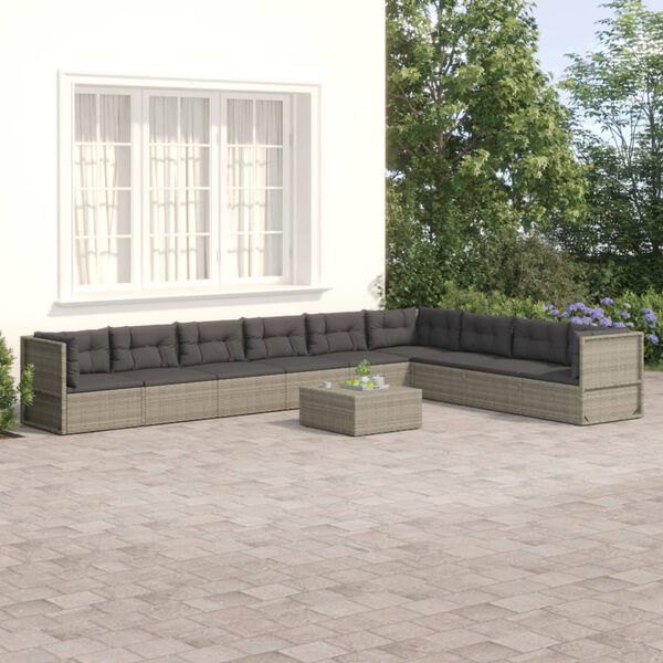 vidaXL 9 Piece Patio Lounge Set with Cushions Gray Poly Rattan