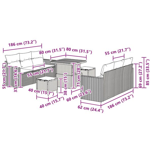 vidaXL Garden Sofa Set 9 pcs Black Poly rattan and powder-coated steel