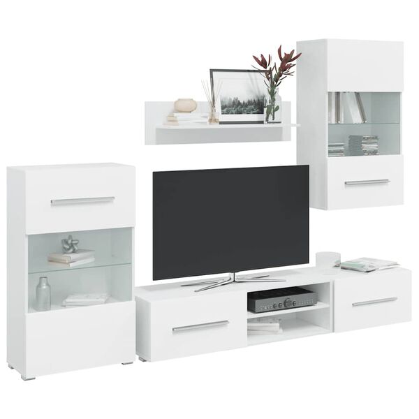 vidaXL TV Stand Matt White Engineered wood, tempered glass Five Piece Set