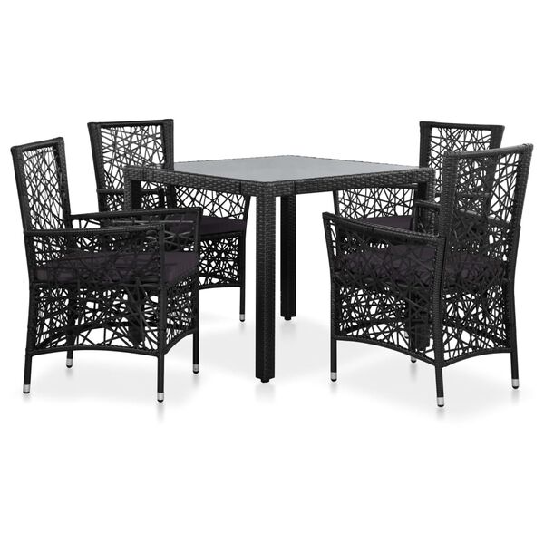 vidaXL Patio Dining Set Set of 4 Black Poly Rattan, Steel, Tempered Glass