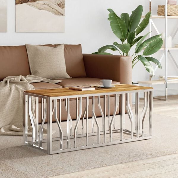 vidaXL Coffee Table Silver Stainless steel, solid acacia wood Medium