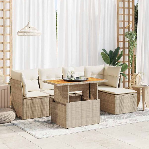 vidaXL Garden Sofa Set Beige PE rattan 6 Piece Set Adjustable Armrests