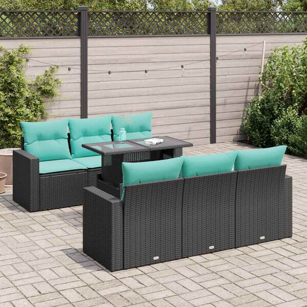 vidaXL 7 Piece Patio Sofa Set with Cushions Black Poly Rattan Acacia