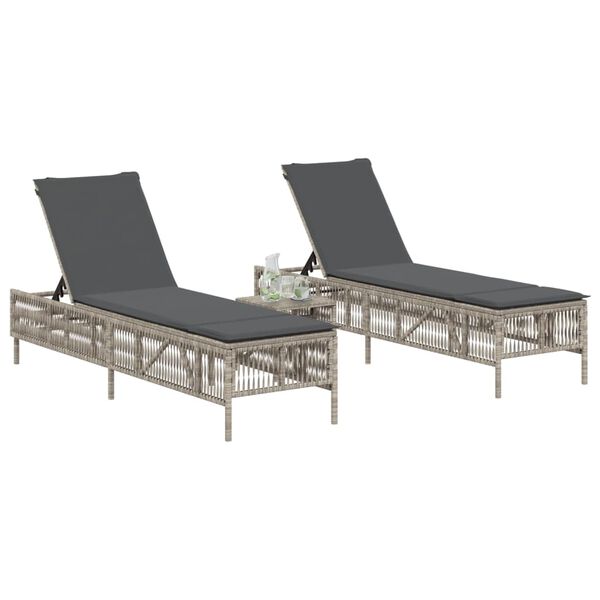 vidaXL Sun Lounger Set of 3 Light Gray, Dark Gray (cushions) PE Rattan