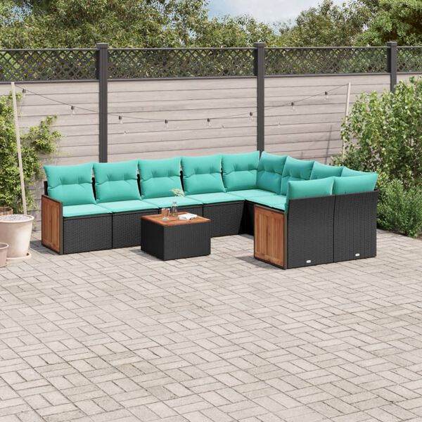 vidaXL 10 Piece Garden Sofa Set with Cushions Black Poly Rattan
