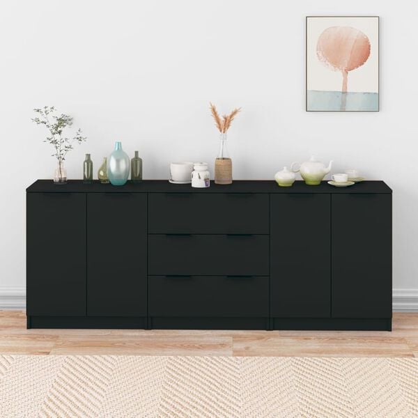 vidaXL Sideboard Set of 3 Black Engineered Wood Medium Sideboard