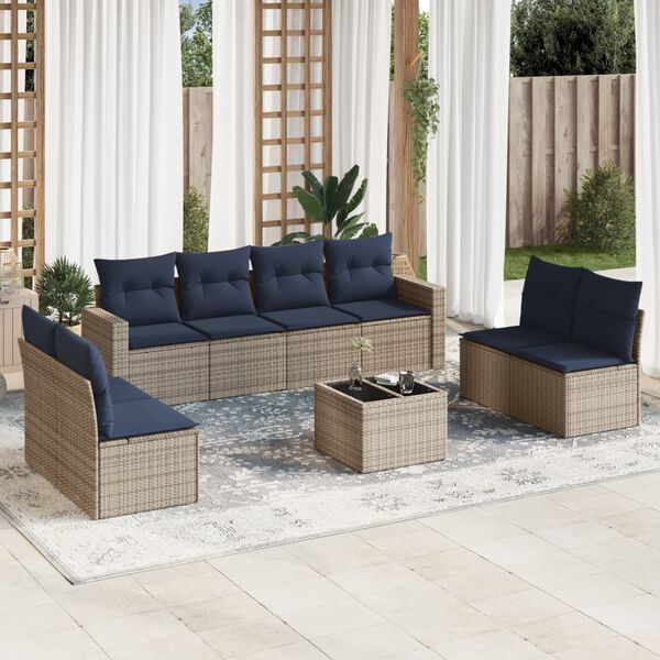vidaXL 9 Piece Patio Sofa Set with Cushions Gray Poly Rattan
