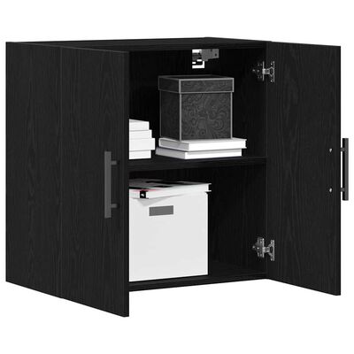 A black wall cabinet with doors open, showing interior shelves and storage boxes.