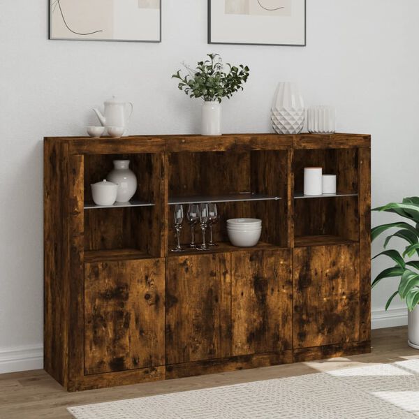 vidaXL Sideboards with LED Lights 3 pcs Smoked Oak Engineered Wood