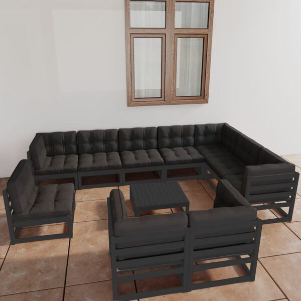 vidaXL Garden Lounge Set Black Solid pine wood, fabric (100% polyester)