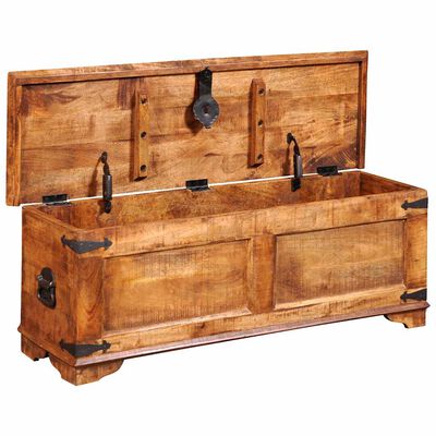 Wooden chest with open top lid showing interior and metal hinges, front facing view