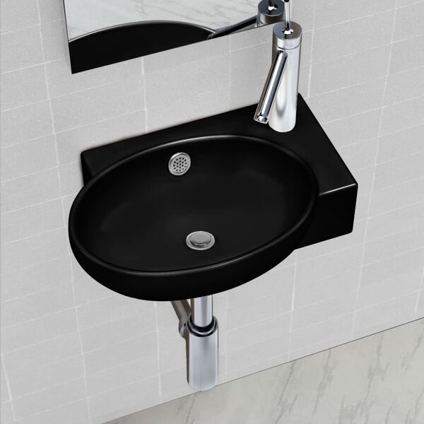 vidaXL Ceramic Bathroom Sink Basin Faucet/Overflow Hole Black Round