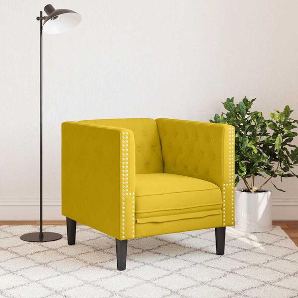 vidaXL Chesterfield Sofa Chair Yellow Velvet, Plywood, Solid Wood Single