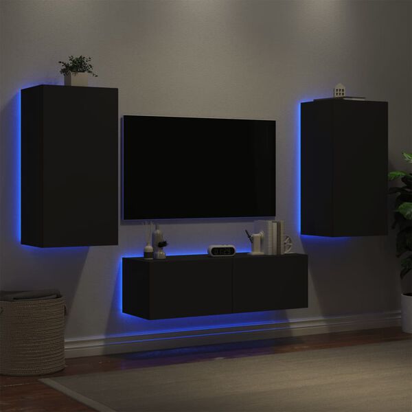 vidaXL 3 Piece TV Wall Stands with LED Lights Black