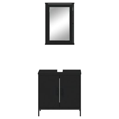 Framed medicine cabinet mirror above black vanity cabinet