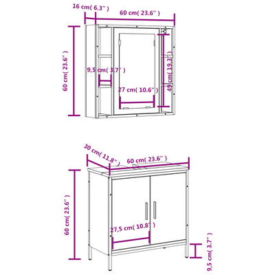 Dimensional diagram of a two-piece bathroom vanity set with measurements