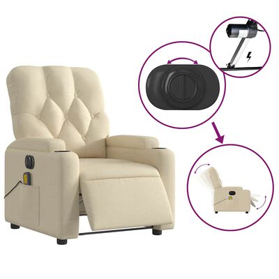 Beige recliner with purple circular callouts showing controller, pump, and footrest in a collage