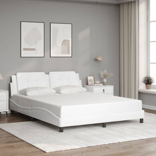 vidaXL Bed Frame White Faux leather, Metal, Solid pine wood, Plywood