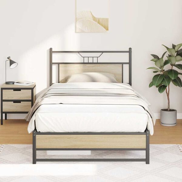 vidaXL Bed Frame Sonoma Oak Engineered Wood and Steel 42.1 x 79.9 in