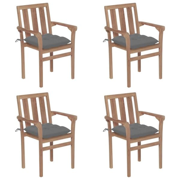 vidaXL Stackable Chair Set of 4 Teak with Grey Cushions