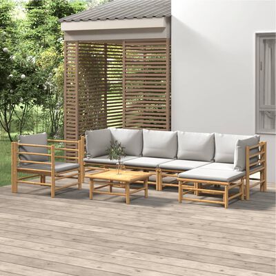 vidaXL 7 Piece Patio Lounge Set with Light Gray Cushions Bamboo