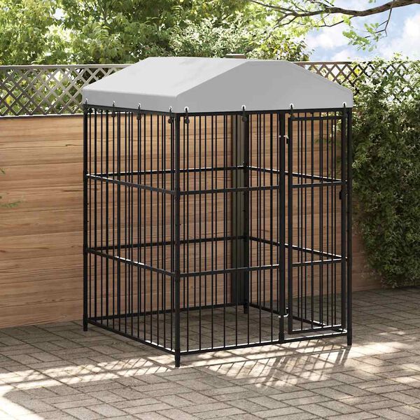 vidaXL Dog Kennel Black Galvanized steel, polyethylene roof Large Locks