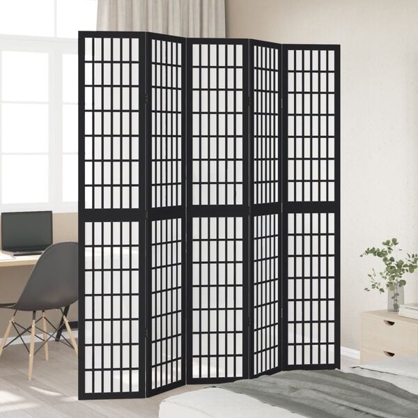 vidaXL Room Divider 5 Panels Black Solid Wood Paulownia