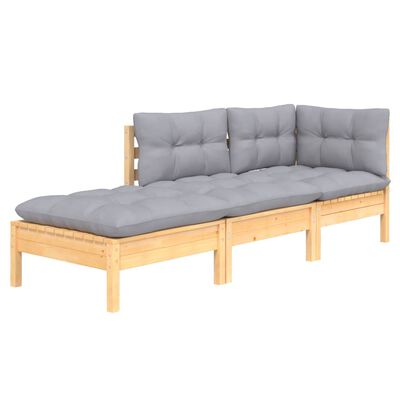vidaXL 3 Piece Patio Lounge Set with Gray Cushions Solid Pinewood