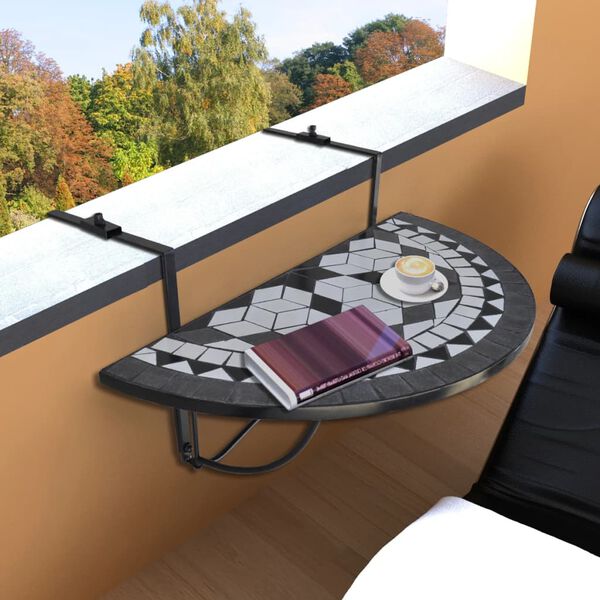 vidaXL Garden Table Black and White Iron frame, Ceramic tile top Compact