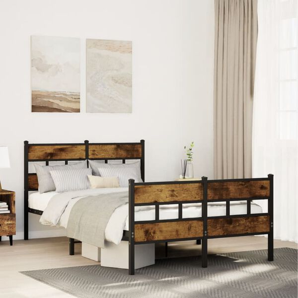vidaXL Bed Frame Black, Smoked Oak Iron, Engineered Wood Full Industrial