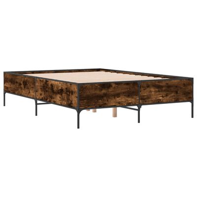 Platform bed frame with dark wood panels and metal frame, viewed from side