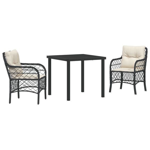 vidaXL Garden Dining Set with Cushion 3 pcs Black Poly Rattan