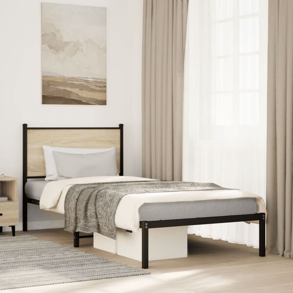 vidaXL Bed Frame Sonoma Oak Steel Twin Bed Frame Rectangular Modern