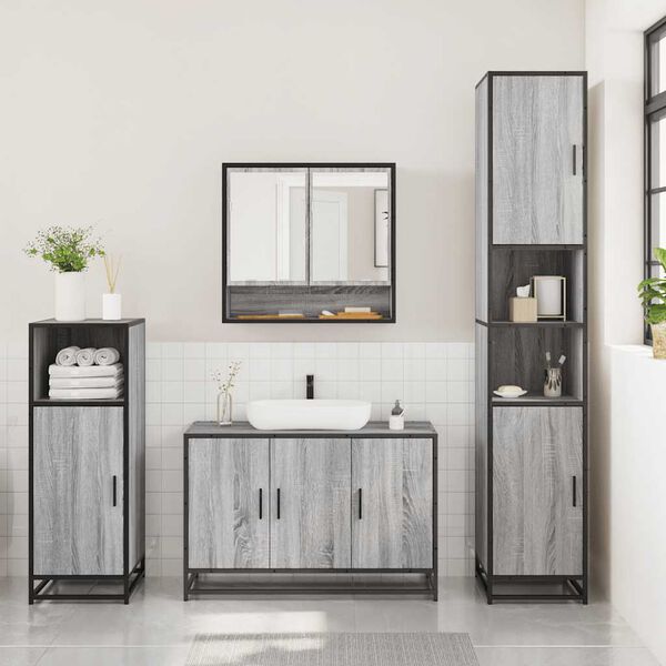 vidaXL Bathroom Furniture Set Grey sonoma Engineered wood, metal, glass