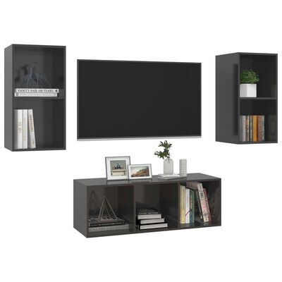 vidaXL 3 Piece TV Stand Set High Gloss Gray Engineered Wood