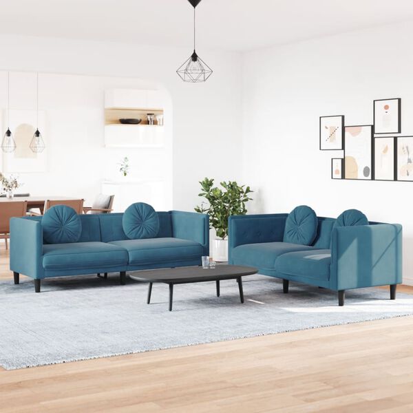 vidaXL Sofa Set Blue Velvet (100% polyester), plywood, solid wood