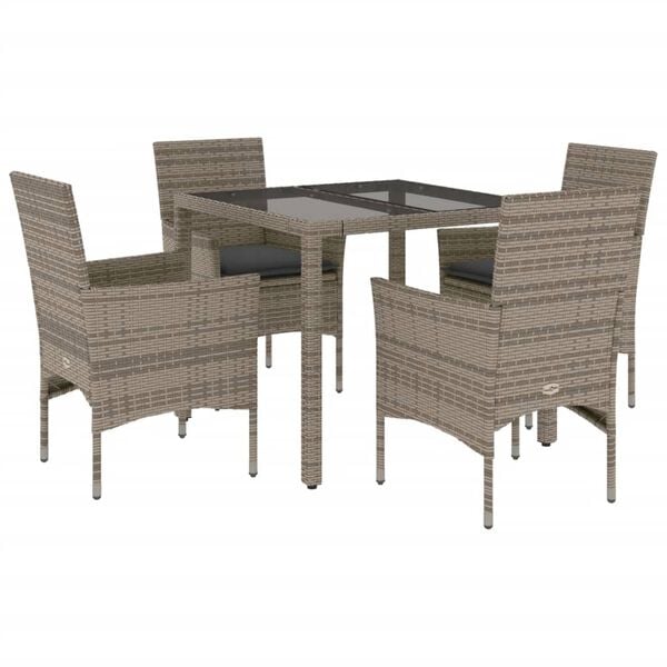 vidaXL 5 Piece Patio Dining Set with Cushions Grey Poly Rattan and Glass